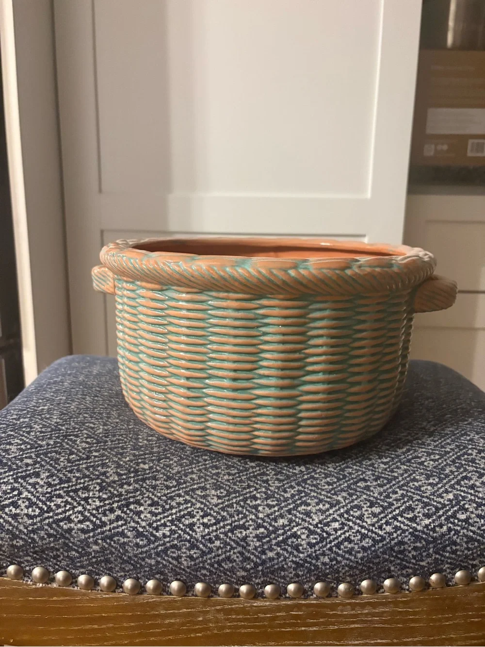 Peach & Aqua Glazed Baking Dish with Basketweave Design